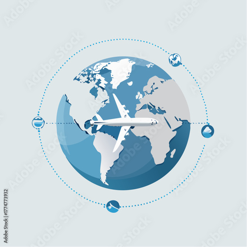Illustration depicting a globe with an airplane flying around, representing global travel and transportation.