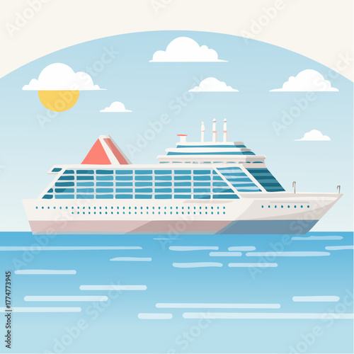 Flat illustration of a large white cruise ship sailing on the blue ocean under a sunny sky with clouds.