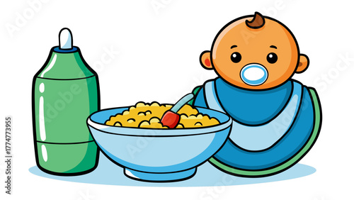 A happy baby with blue bib eating cereal in a bowl