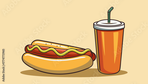 A hotdog with mustard next to a soda cup illustration