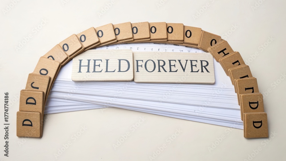 Obraz premium Wooden Letter Tiles Forming the Phrase Held Forever on Background