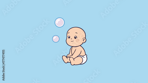 Baby in Diaper Looking at Bubbles Against Blue Background