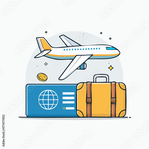 Cartoon illustration of an airplane flying over a passport, boarding pass, and suitcase, representing air travel and vacation planning.