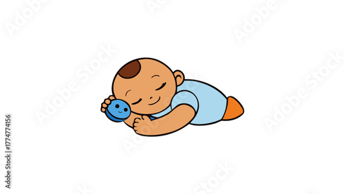 Baby sleeping peacefully hugging a small blue toy