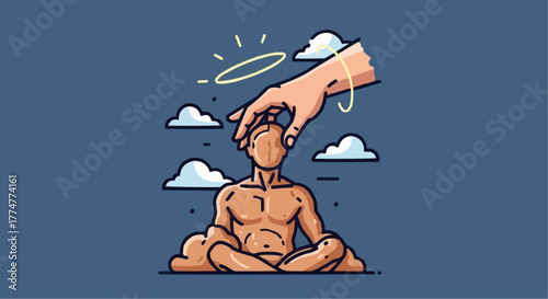 Hand bestowing halo, divine touch over meditating figure, spiritual awakening concept, peaceful mindfulness, angelic influence, ethereal presence, vector illustration
