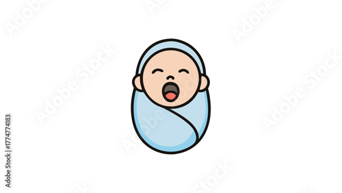 Baby yawning swaddled in blue blanket cartoon illustration