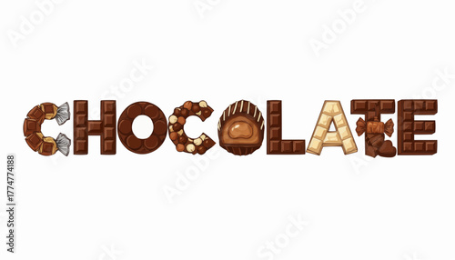 Indulge in decadent chocolate delights with irresistible candy and sweet treats forming the word Chocolate, perfect for food and celebration themes.