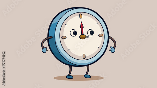 Cartoon clock with arms and legs having a happy expression