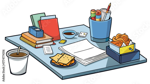Cartoon Desk Cluttered With Food Papers and Office Supplies