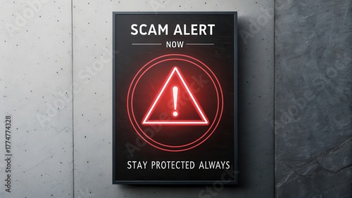 Warning Sign for Scam Alerts in Red Neon Style for Awareness Campaign