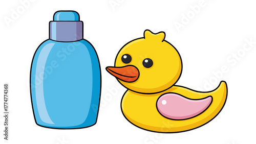 Cartoon rubber duck and baby shampoo bottle together