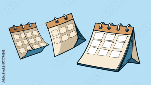 Illustrated calendars in different positions on a blue background