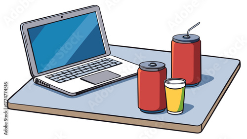 Laptop and Drinks on a Desk During a Work Session