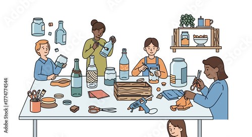 Creative children enthusiastically crafting unique projects using recycled bottles and jars at a crafting table filled with supplies
