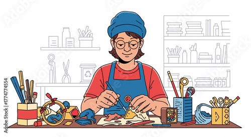 Creative artist crafting unique handmade objects with passion and focus in a vibrant studio workspace