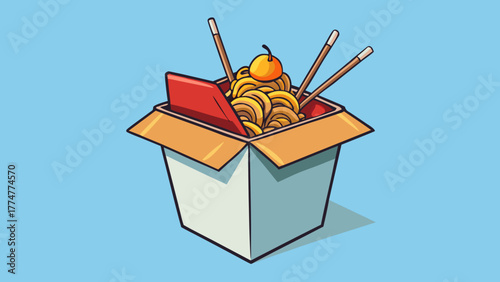 Noodles In A Takeout Box With Chopsticks And Cherry