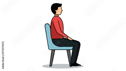 Person in red shirt sitting in a chair profile view