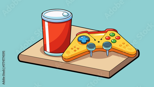 Pizza slice and controller with soda can illustration