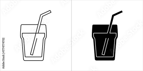 Glass of drink with straw in outline and solid black silhouette