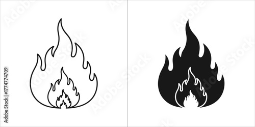 Set of two flame icons, one outlined and one solid black