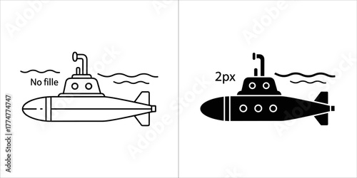Line art and silhouette of a submarine with periscope above water