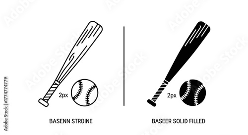 Outline and silhouette of a baseball bat and ball