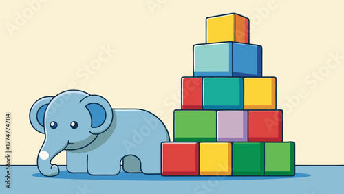 A blue elephant and colorful building blocks illustration