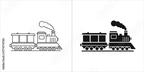 Outline and silhouette of a steam train with two carriages