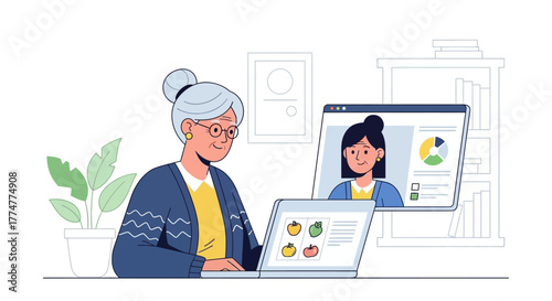 Joyful senior woman learning online, connecting with younger generation through virtual collaboration and modern technology in bright home office