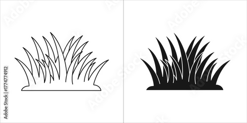 Two icons of grass, one in outline and one in silhouette, isolated on a