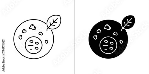 Two icons depicting a planet with debris and a leaf, one outline and one filled