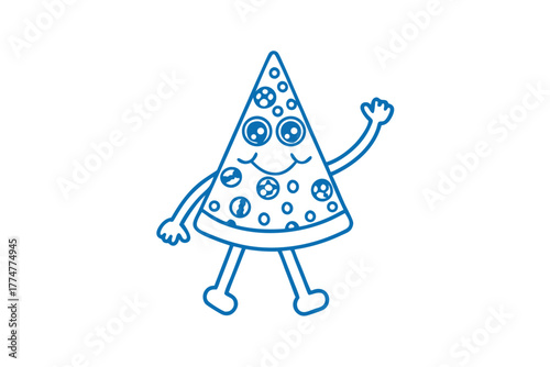 Smiling pizza slice character joyfully waves hello on white background with its cartoonish vibe
