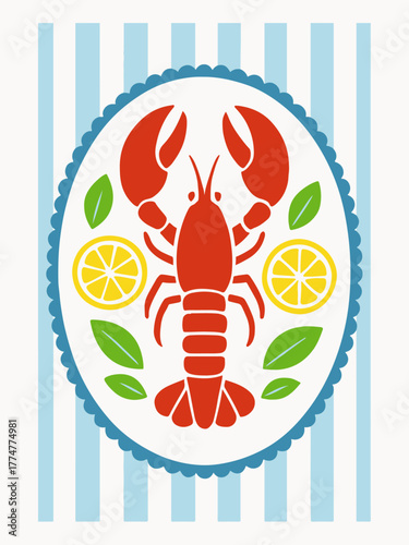 A multicolor vector image of a stylized lobster, simple shape, clean cut, white background,.eps