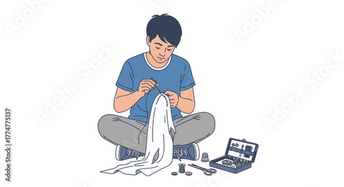 Young person meticulously hand sewing fabric creating a unique ghost shape for DIY craft projects or Halloween decor