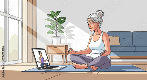 Serene senior woman practices yoga meditation online learning from virtual instructor, embracing digital wellness at home