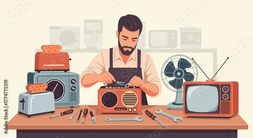 Skilled craftsman meticulously repairs vintage radio surrounded by retro appliances and tools, showcasing dedication to electronics restoration and heritage technology.