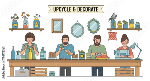 Creative crafters transform everyday items into unique decor, fostering sustainable living and DIY passion in a vibrant workshop setting.