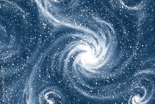 Swirling abstract pattern with white particles on a dark blue background.
