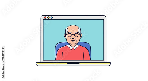Friendly senior man smiles warmly on laptop screen, engaging in a pleasant video call or online meeting session