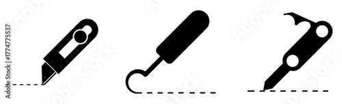 Utility knife, hook knife, and multi-tool knife icon set. Vector symbols of cutting, trimming, and craft tools used for industrial, DIY, packaging, and workshop purposes. Flat black silhouette design.