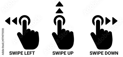 Touchscreen gesture icons showing swipe left, swipe up, and swipe down actions. Vector symbol for mobile app interface, smartphone gesture control, UI design, and touchscreen navigation.