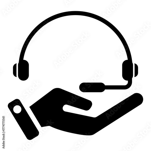 Customer support service icon with headset and helping hand. Vector symbol for call center, technical assistance, helpline, consultation, customer care, and online communication support concept.