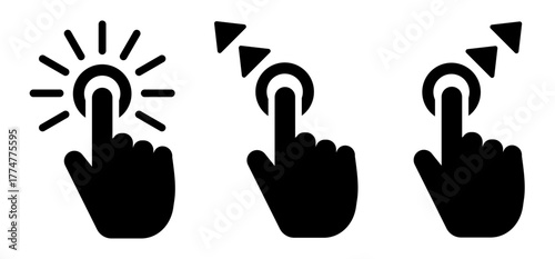 Hand click and touch icon set. Finger pressing button symbol representing touchscreen interaction, tap gesture, UI navigation, and digital interface control. Vector isolated illustration.