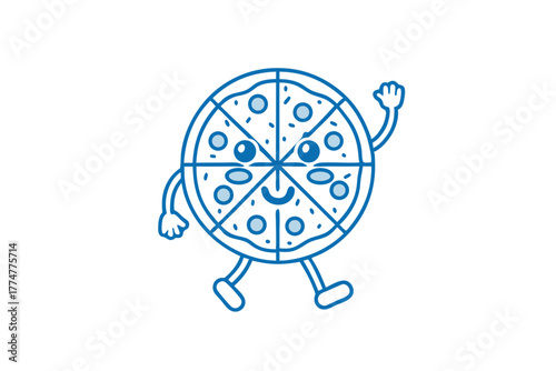 Cute pizza character with pepperoni smiling, walking, and waving its hand cheerfully on white