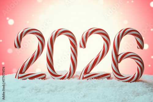 Candy Cane Numbers 2026 on Snow Background, Merry Christmas and Happy New Year