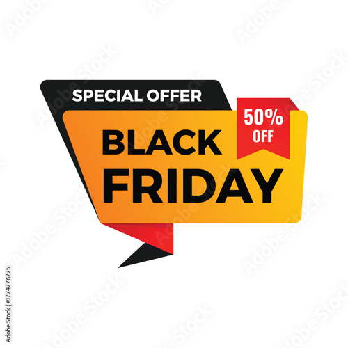 Special offer black friday sale 50 percent off discount graphic with bold orange and yellow colors