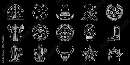 Collection of stylized white line art icons on a black background representing western and mexican culture