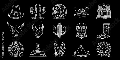 Collection of stylized white line art icons representing desert and tribal themes on a black background