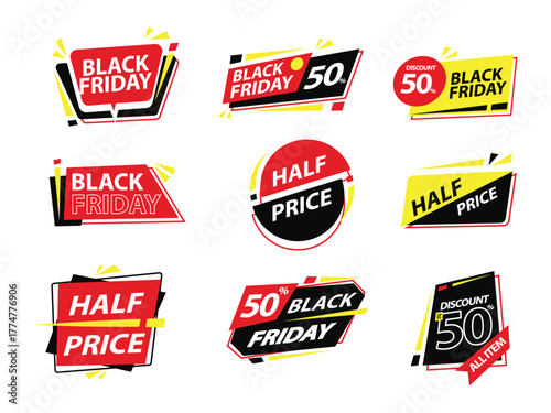 Collection of vibrant black friday and half price sale discount tags and banners with distressed grunge textures and bold typography