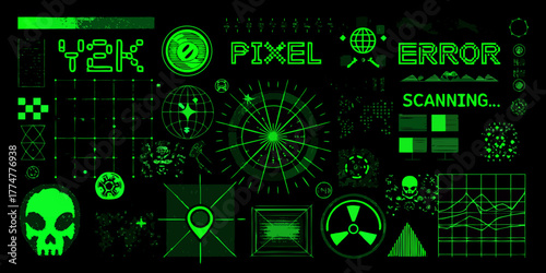 Digital glitchy neon green futuristic interface elements and cyberpunk icons on black background